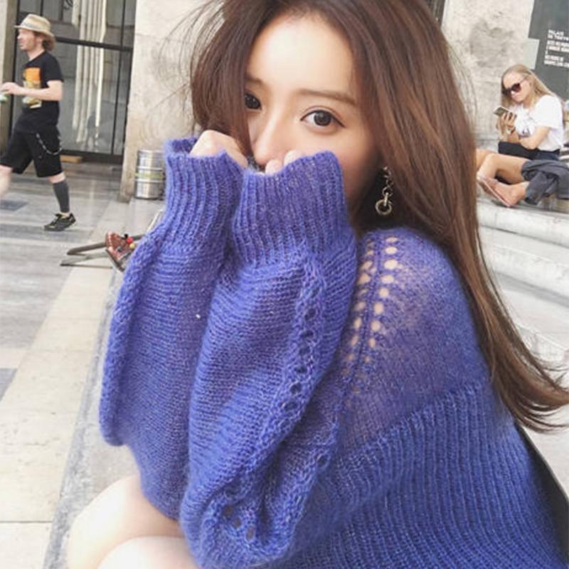Pofulove solid sweater mohair round neck hooded student sweater sweater women fashion winter loose