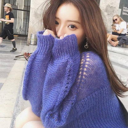 Pofulove solid sweater mohair round neck hooded student sweater sweater women fashion winter loose