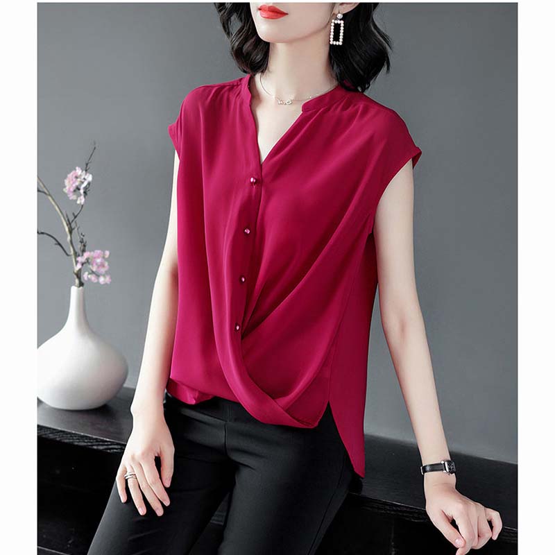 V-neck Chiffon Shirt Women's Summer Belly Cover Blouse Short-sleeved Loose Temperament Sleeveless Slim Solid Color Large Size Shirt Women Summer Top