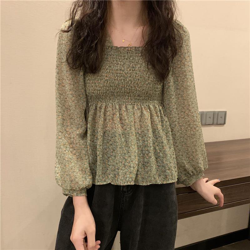 Blouse Women Sweet Korean Style Lovely Ladies Simple Lantern Sleeve Ruffles Popular Square Collar Thin Prairie Chic Holiday Tops
