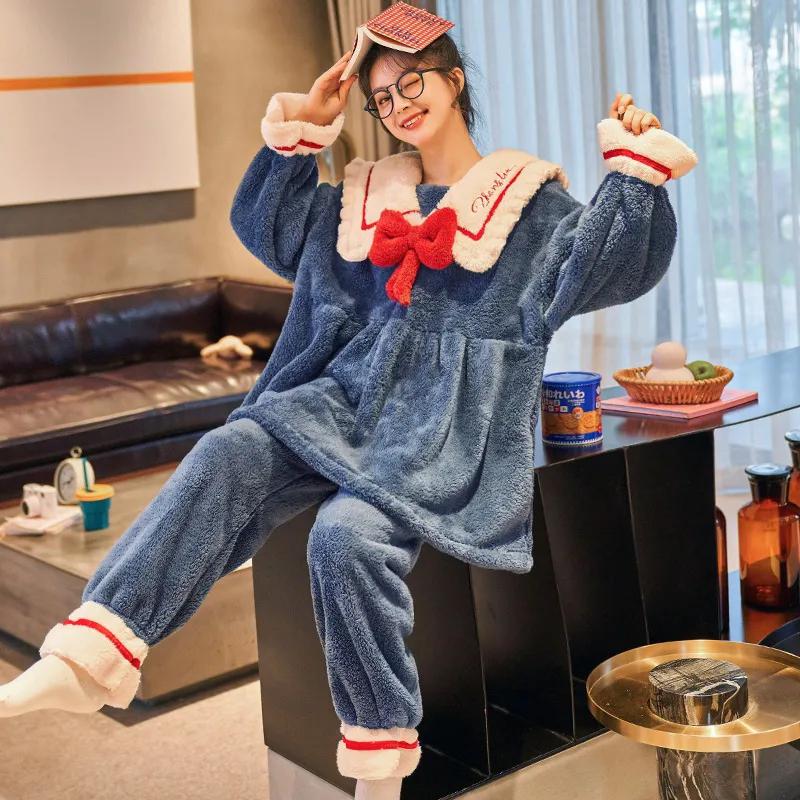 Women's Winter Pajamas Set Cute Bow Large Neckline Thickened Coral Plus Velvet Suit Plush Home Wear Flannel Suit Lovely Cartoon Set