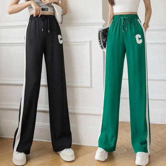 Color Matching Drape Wide-leg Pants Female Summer Korean Version Loose and Thin Ice Silk Straight Sports Casual Pants