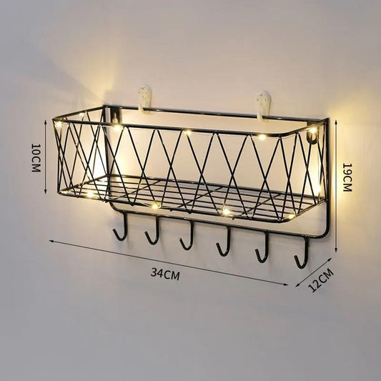 Home Storage Rack Metal Solid Wood Punch-free Storage Rack Waterproof Display Shelf with Light Strip