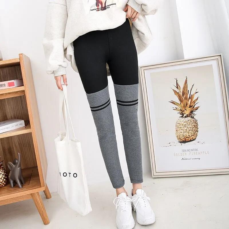 Plus Velvet High Waist Stitching Contrast Color Leggings Women Wear All-match Thin Elastic Feet Pants