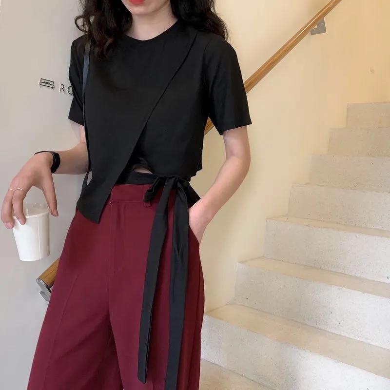 Irregular Bow Bandage Summer Women's Fashion Tops Short Sleeve Solid Color Casual Loose T-shirt