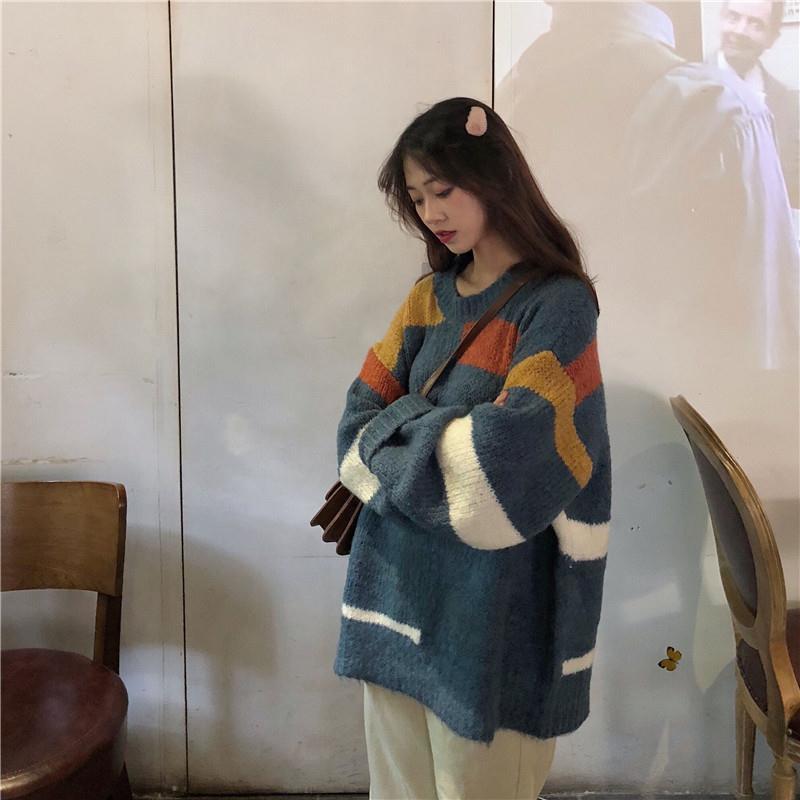 Autumn and Winter Loose Sweater Striped Pattern Knit Top Mid-length Casual Female Student Jacket
