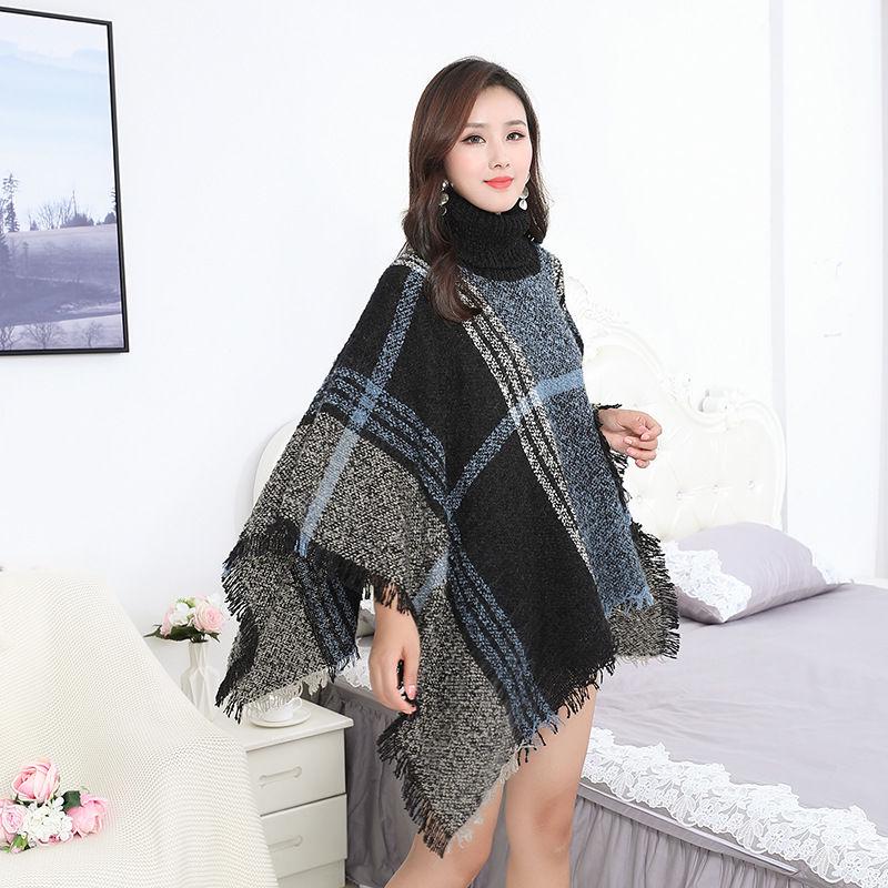 Women Turtleneck Striped Shawl Sweater Chic Tassels Batwing Cape Knitwear Outwear Ponchos
