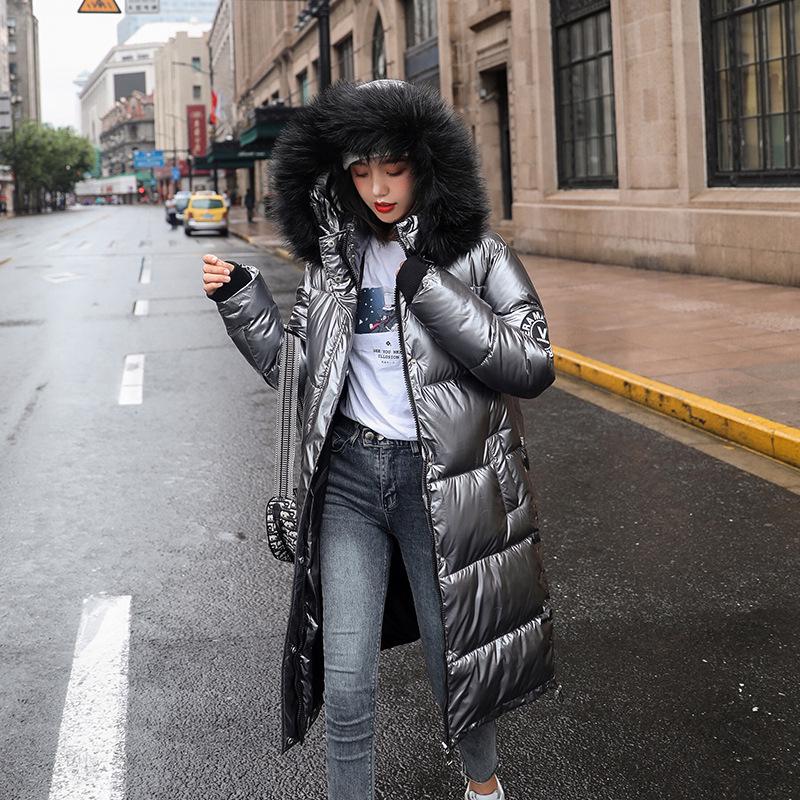 Women Long Oversize Blue Down Jackets Warm Thick Casual Loose Winter Jacket Fur Collar Hooded Coats Female Down Coats Solid Glossy Outwear