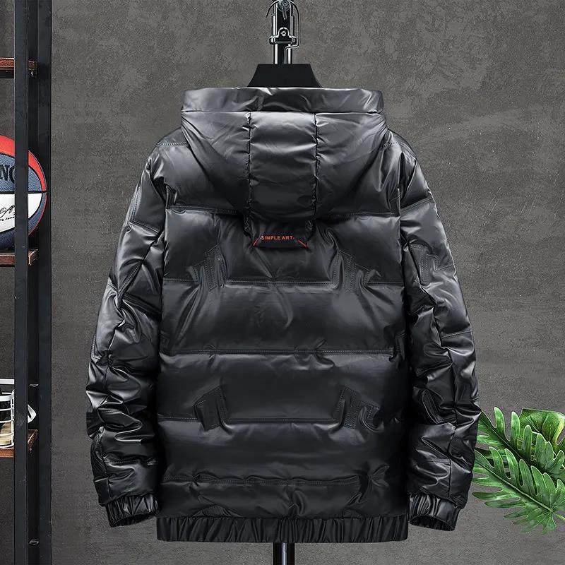 Winter Warm Hooded Jacket Men Plus Velvet Thick Short Shiny Down Jacket