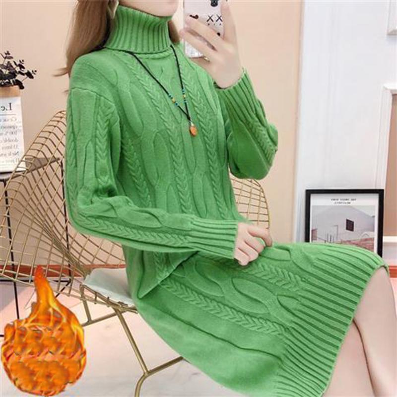 Spring and Autumn New Style Plus Velvet Padded High-neck Over-the-knee Sweater Women Loose Mid-length Knit Sweater and Long Dress