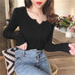 Black Sweater Bottoming Shirt Women Autumn and Winter V-neck Knitted Clavicle Top Long-sleeved Slim Slimming Top Sweater