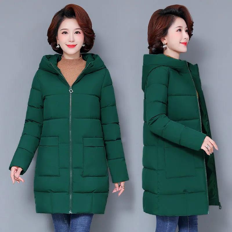 Winter Down Jacket Fashion Solid Color Hooded Parka Coat Thick and Warm Mid-length Down Cotton Jacket for Women