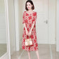 Women's  A-line Skirt Plus Size Loose Long Printed Dress Slim Round Neck Dress