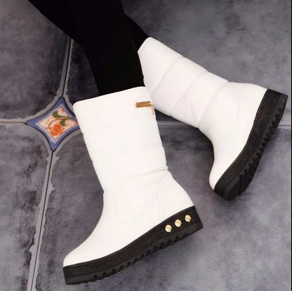 Winter Snow Boots Women's Thick Flat-heeled Thick-soled Non-slip Leather Waterproof Mid-tube Boots