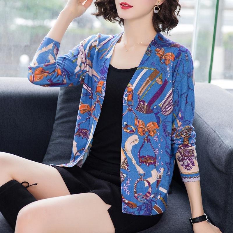 Bohemian Printed Cardigan Women's High-end Thin Short Knitted Jacket Loose Wool Cardigan Plus Size Woollen Sweater Outer Wear