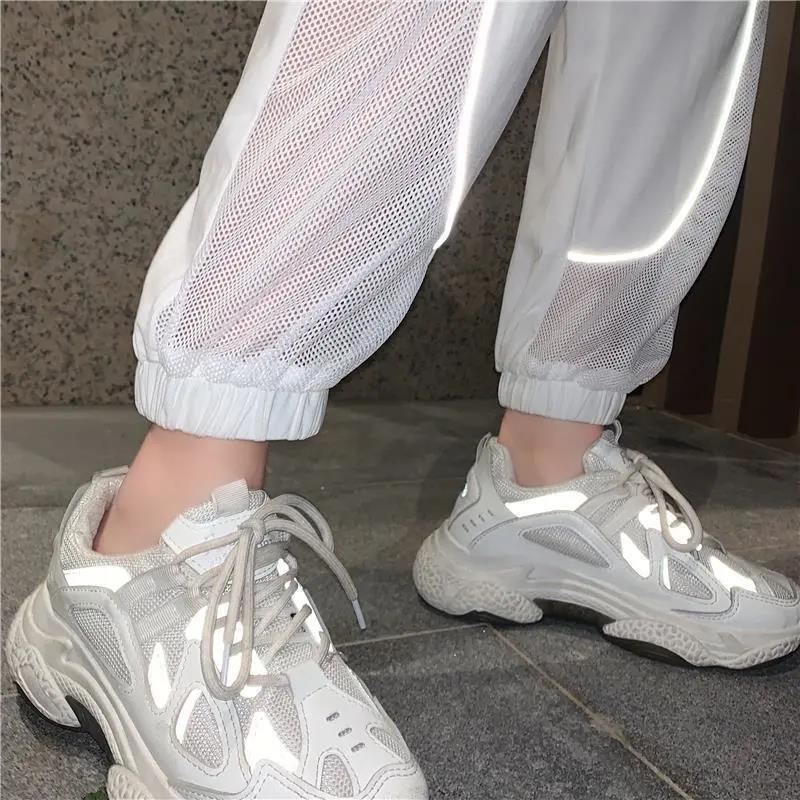 Reflective Strip Stitching Mesh Pants Summer Korean Thin Section High Waist Casual Pants Women's Sports Pants