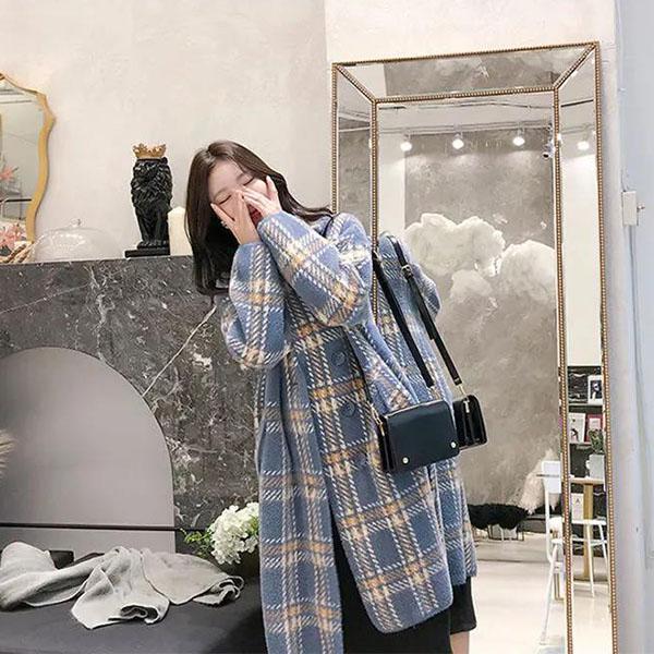 Winter High-end Imitation Mink Fur Coat All-match  Women's Mid-length Plus Cotton Slim Cardigan Plaid  Women's Loose Thick Knitted Coat