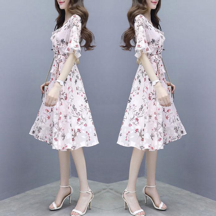 Pofulove Women Printed Chiffon Dress Office Lady Slim Short-sleeved V-neck A-line Dress Sun-dresses