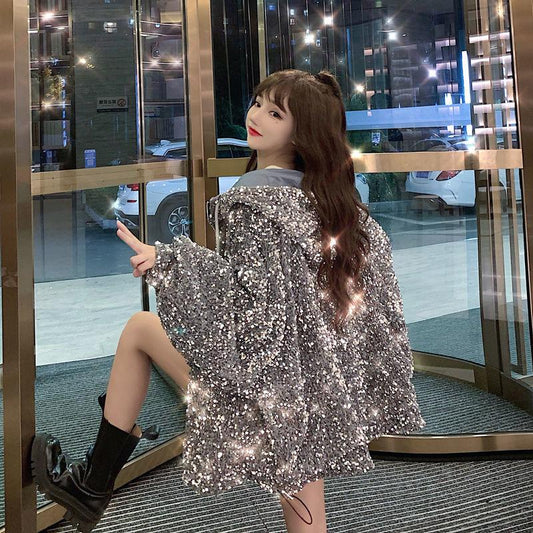 Starry Sky Hooded Zipper Jacket Women's Loose Short Glossy Jacket Regular Jacket Women's Spring and Autumn Seasons