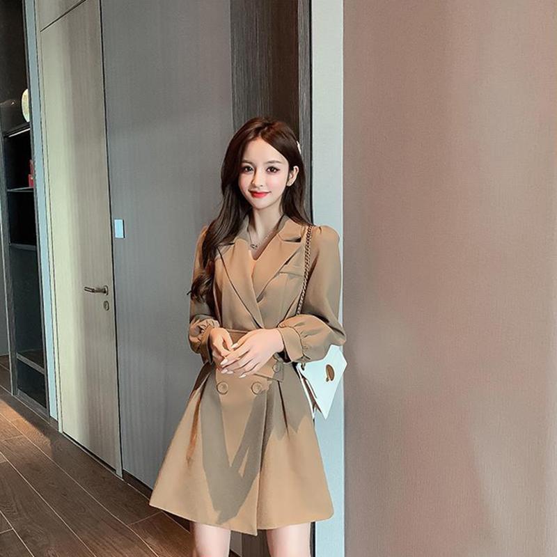 Suit Collar Long-sleeved Dress Women Spring  Summer Korean Design Windbreaker Short Skirt