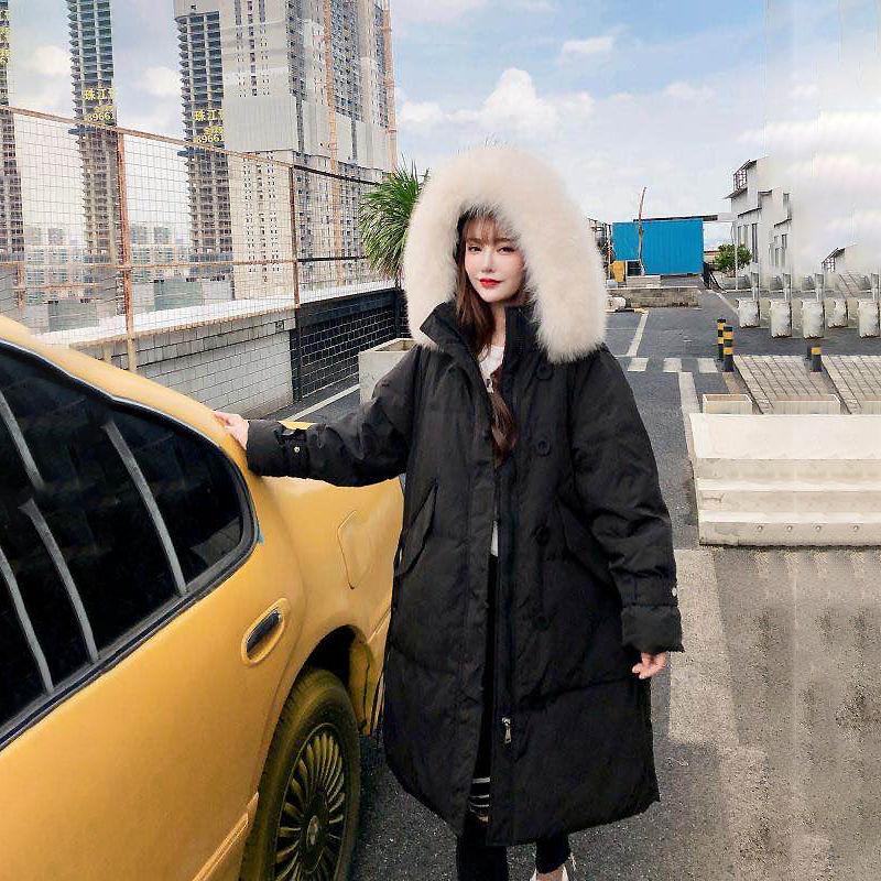 White Duck Down Large Fur Collar Down Jacket Women Mid-length Loose Thick Winter Jacket