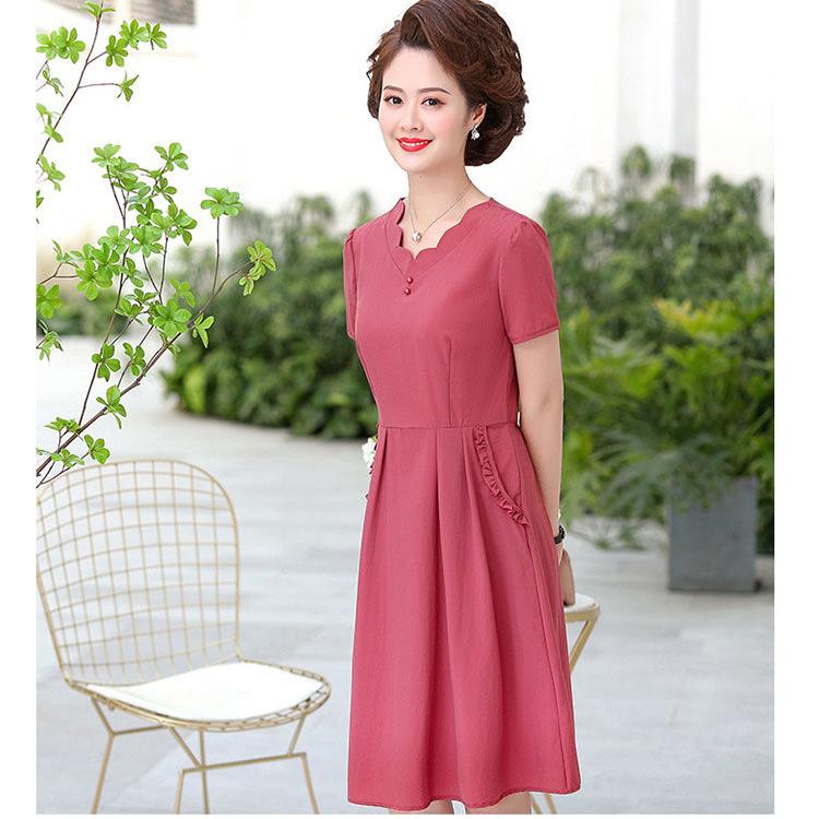 XL-XXXXXL Plus Size Polyester Short-sleeved Dress Summer Knee-length A-line V-neck Ruffle Pocket Skirt