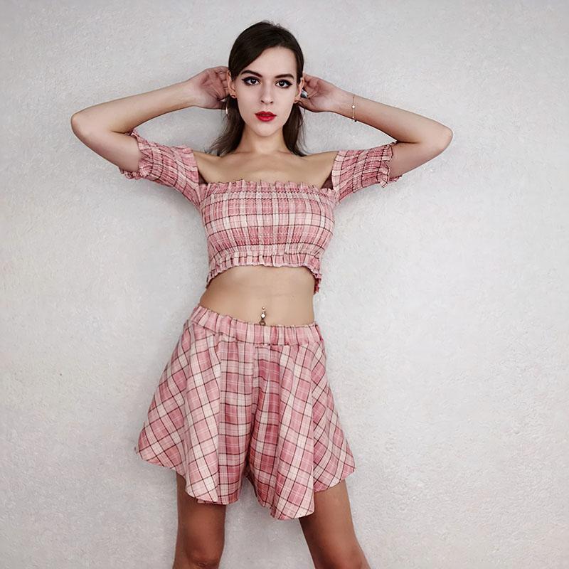 2pcs/set Women Sexy Skirt Suit Sexy Off-shoulder Crop Top + Mini Skirt  Two-piece Set Female Plaid Outfits