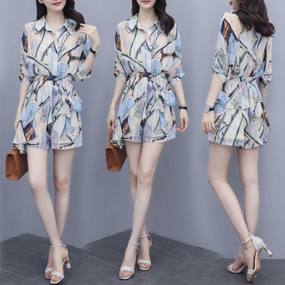 Floral Two-piece Women's Dress Shorts Suit Women's Chiffon Dress Fabric Light and Breathable V-neck Short-sleeved Top Loose Shorts