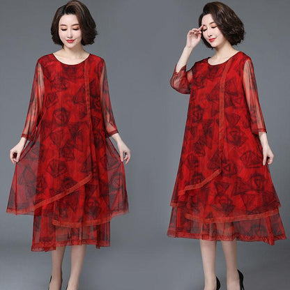 Summer Women's Net Gauze Dress Plus Size Slimming A-line Skirt Casual Solid Color Printed Mid Skirt