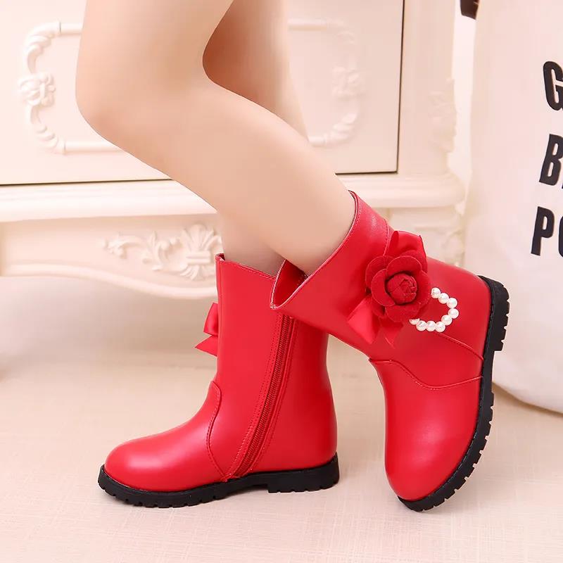 Girls' Boots Autumn and Winter Solid Color Flower Martin Boots Plush Warm Pearls Princess Snow Boots