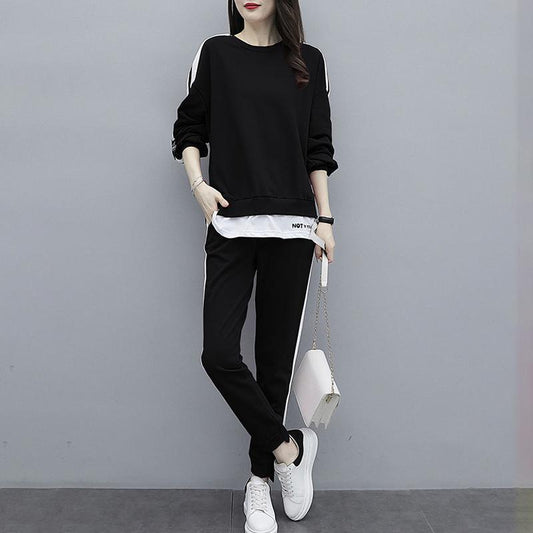 Large Size Thin Sports Suit Female Casual Two-piece Round Neck Long-sleeved Shirt + Casual Sports Pants Loose and Comfortable