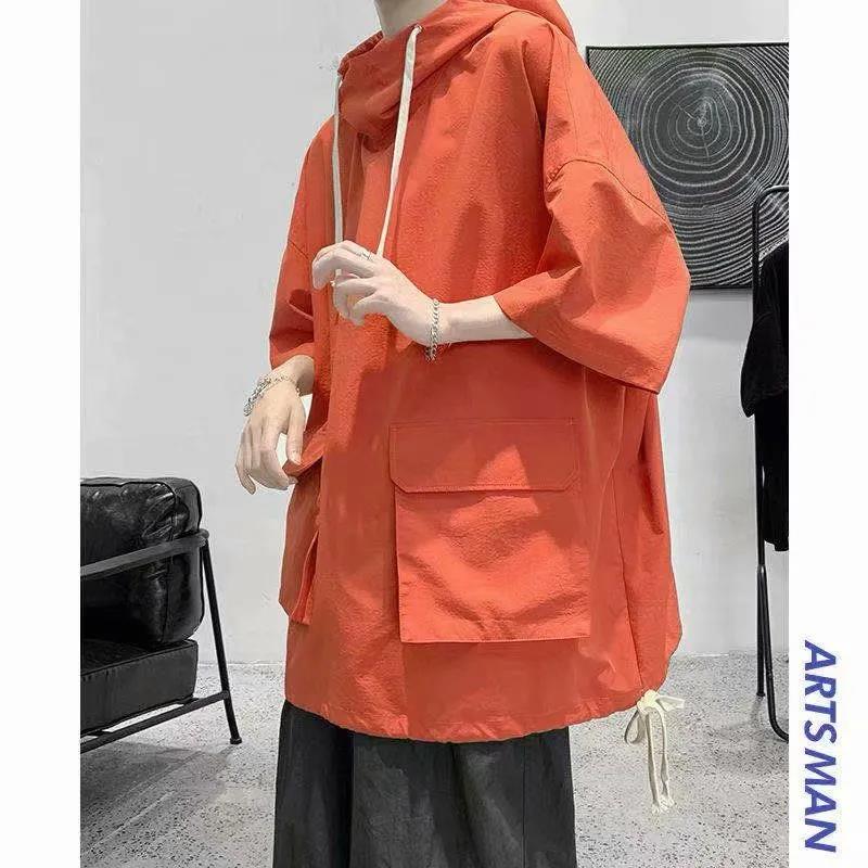 Summer Thin Hooded Students All-match Short-sleeved T-shirt Men's Trendy Design Sense Tooling Five-point Half-sleeved