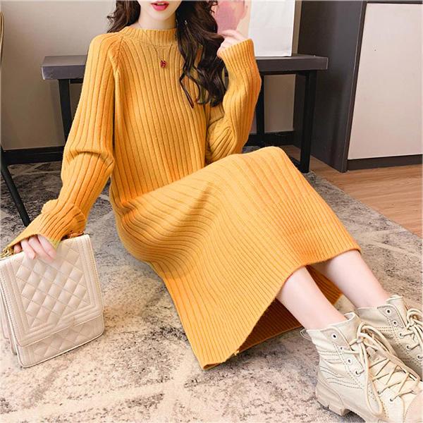 Autumn and Winter Round Neck Loose Dress All-match Knee-thick Knit Bottoming Skirt Solid Color Long Warm Sweater
