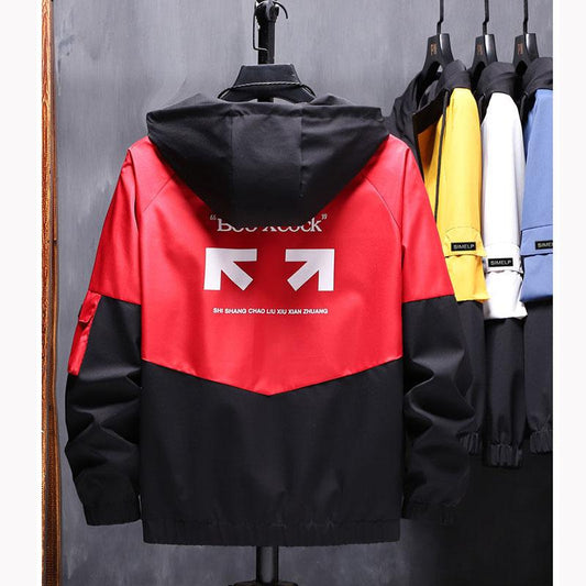 Men's Spring and Autumn Coat Sportwear Jacket Korean Trend Colorblock Print Hooded Jacket Loose Casual Bomber Jacket