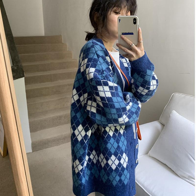 Autumn Winter Check Color Contrast V-neck Long  Sleeved Sweater Jacket Women Retro College Style Loose Knit Cardigan Outer Wear