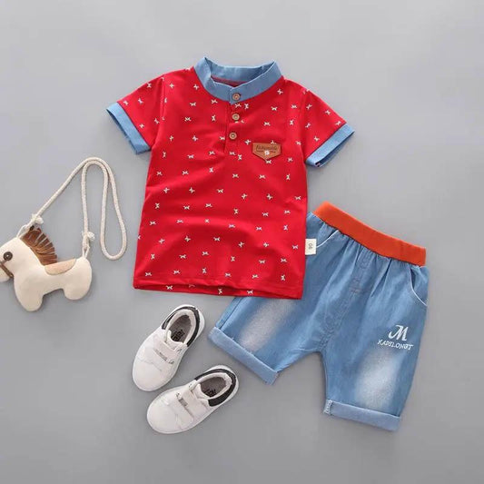 Children's Suit Boys Summer Breathable Light Thin Short Sleeve + Jeans Two-piece Korean Version Casual Cute Two-piece