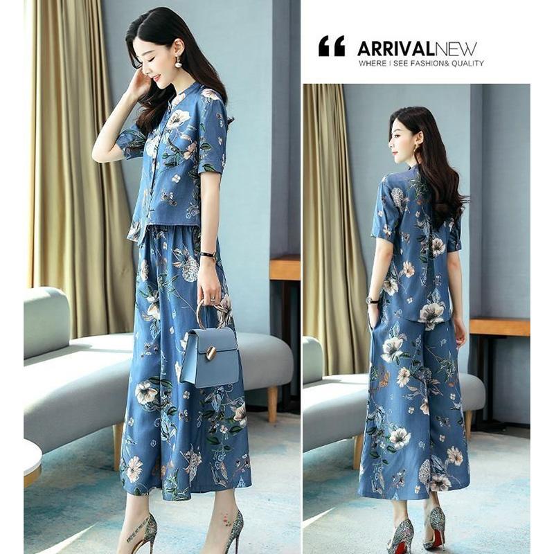 Retro Print Fashion Suit Women's Summer Loose and Thin Temperament Wide-leg Pants Two-piece Casual Suit Retro Chinese Style