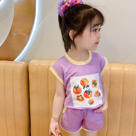 Girl's Western Style Fruit Suit Middle and Small Children Sports Fashion Casual Short-sleeved Shorts Two-piece Sui
