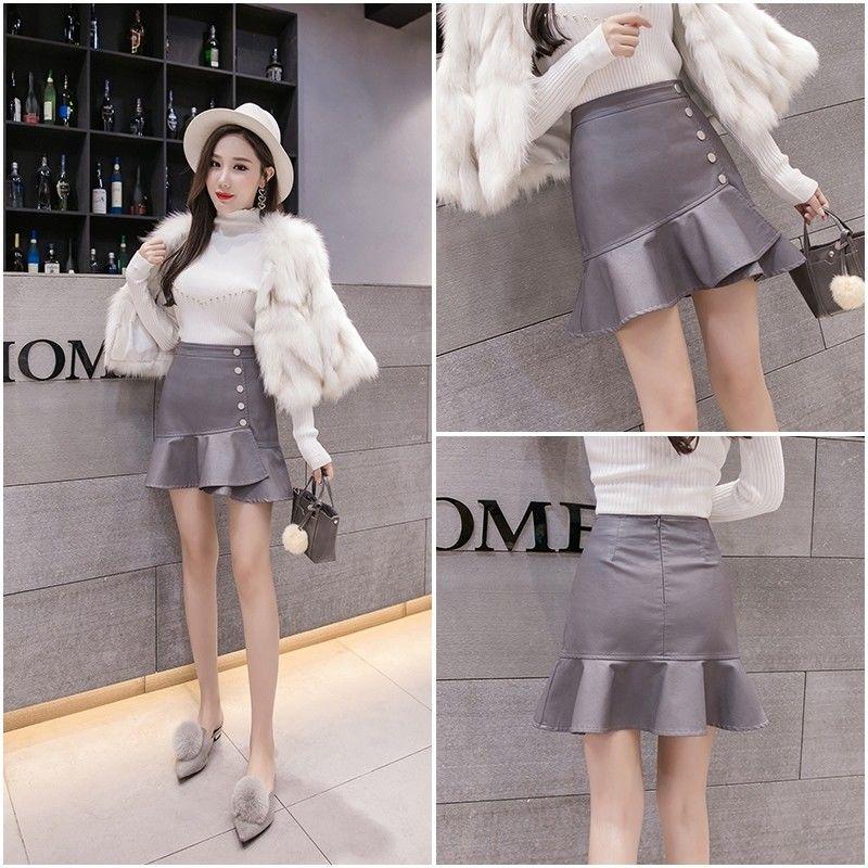 Vintage Elegant Black PU Skirts Women Faux Leather Bud Skirts Pleated Ladies Sexy Party Short Skirts