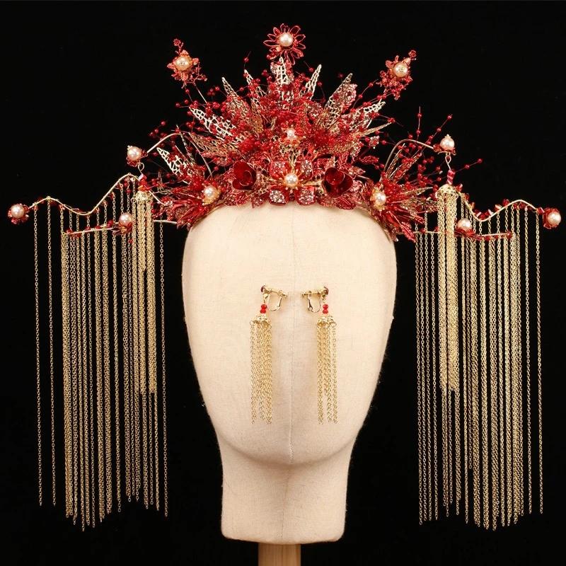 Bride Headdress Chinese Style Phoenix Coronet Costume Wedding Xiuhe Headdress Hair Accessories Red Wedding Hairpin Earrings