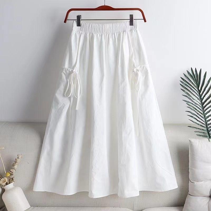 Workwear Half Body A-line Skirt Women's Pure Cotton Versatile Solid Color Lace-up Drawstring Pocket Mid-Length