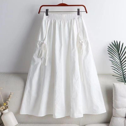 Workwear Half Body A-line Skirt Women's Pure Cotton Versatile Solid Color Lace-up Drawstring Pocket Mid-Length