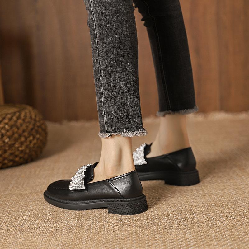 British Style Small Leather Shoes College Style Sparkling Rhinestone Single Shoes Women Square Toe Platform Shoes