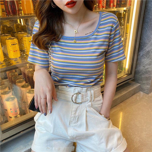 Summer Rainbow Striped Short-sleeved T-shirt Women's Slim French Square Collar with Half-sleeve Top