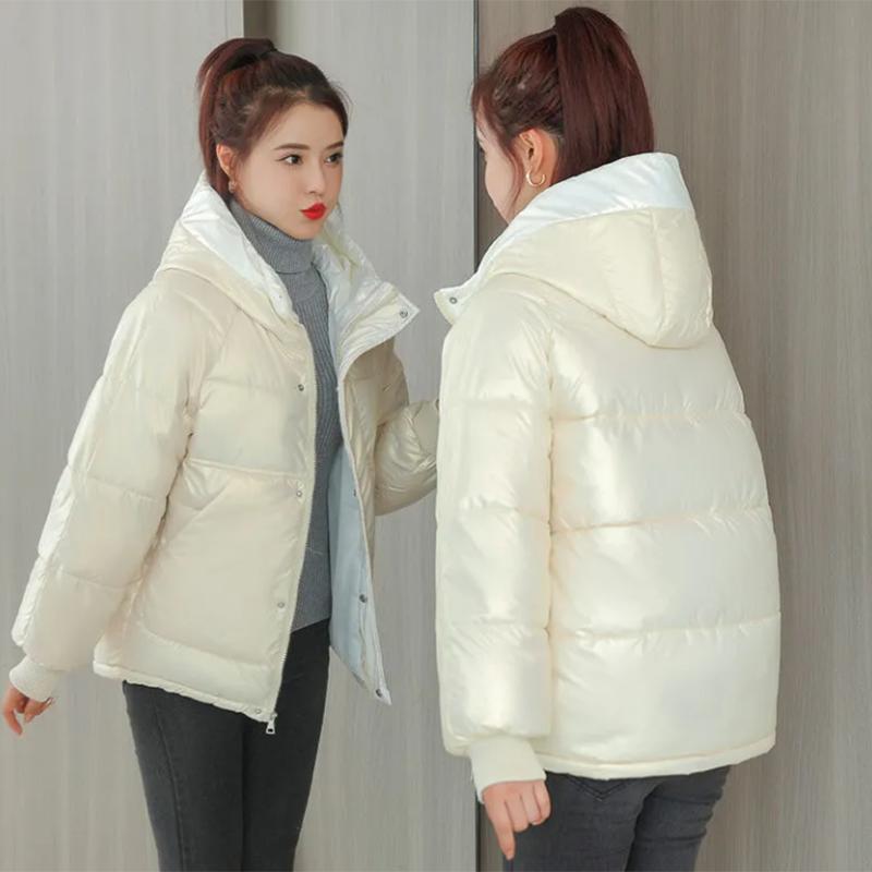 Women's Bright Short Down Jacket Winter Korean Loose Quilted Jacket Casual Stand-up Collar Hooded Down Jacket Quilted Jacket