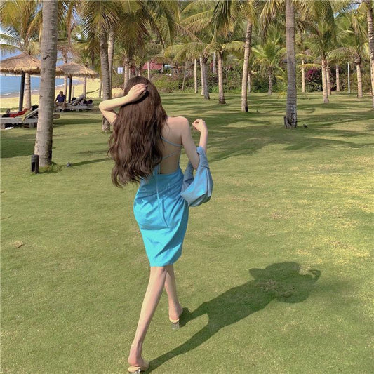 Female Vintage Slim Backless Suspender Beach Dress Elegant Casual High Waist Short Holiday Dress