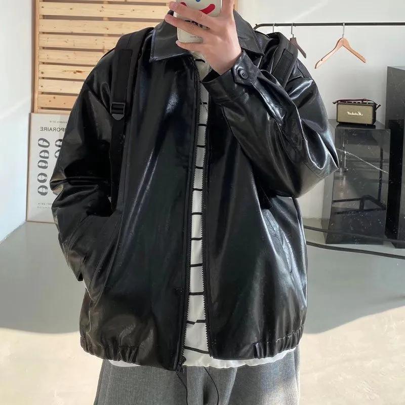 Leather Jacket Men's Hong Kong Style Retro Ruffian Handsome Motorcycle Jacket Spring and Autumn Korean Version Trend Fried Street Loose Clothes