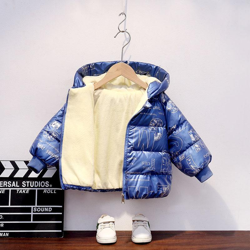 Girls Printing Plus Velvet Padded Cotton Jacket Hooded Winter Short Warm and Windproof Jacket