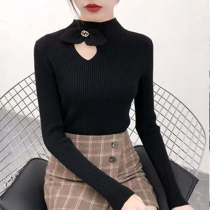 Autumn Bowknot Hollow Knitwear Women Half Turtleneck Slim Pullover Long Sleeve Bottoming Shirt