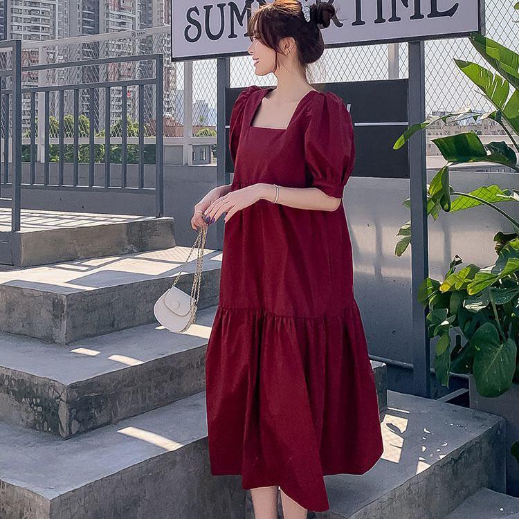 Female Simple Large Size Elegant Holiday Dress Summer High Waist Slim Vintage Gentle Solid Vacation Dress